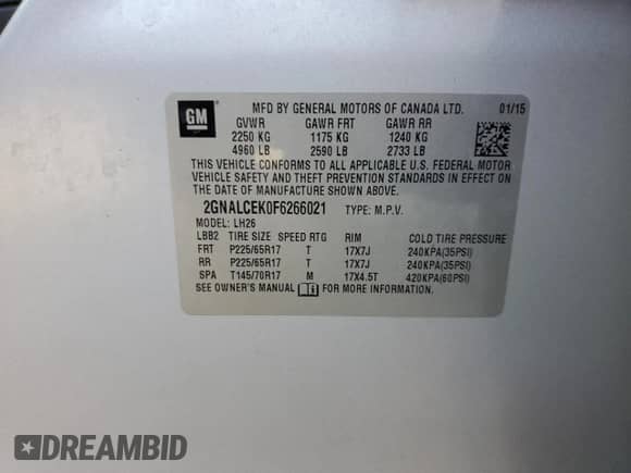 2015 Chevrolet Equinox LT с VIN 2GNALCEK0F6266021, выставлен на аукционе Copart как лот 85414595 с пробегом 147 831 миль миль и Списание • Salvage title. История ставок и продаж доступна на DreamBid. Изображение 13.