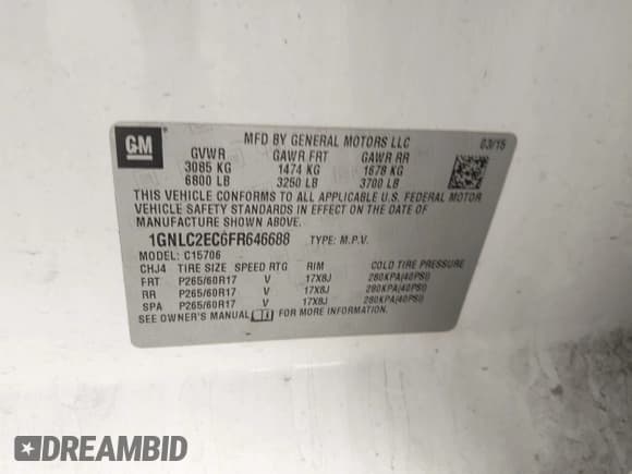 ✅ 2015 Chevrolet Tahoe Commercial • VIN: 1GNLC2EC6FR646688 • Lot: 43722486. Listed on IAAI with 196,302 mi. Free auction sales archive from the USA and detailed vehicle history report at DreamBid. Image 9.