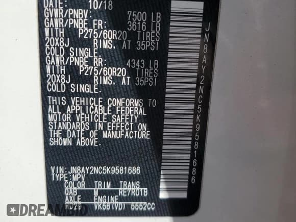 ✅ 2019 Nissan Armada SV • VIN: JN8AY2NC5K9581686 • Лот: 83853185. Опубликован ранее на Copart с пробегом 73 814 миль. Бесплатный доступ к архиву аукционных продаж из США и подробный отчёт об истории автомобиля на DreamBid. Изображение 13.