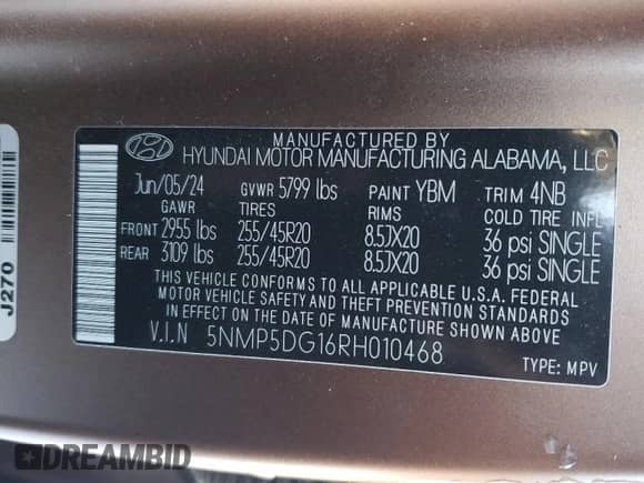 2024 Hyundai Santa Fe Calligraphy с VIN 5NMP5DG16RH010468, выставлен на аукционе Copart как лот 83769744 с пробегом 14 689 миль миль и Списание • Salvage title. История ставок и продаж доступна на DreamBid. Изображение 14.