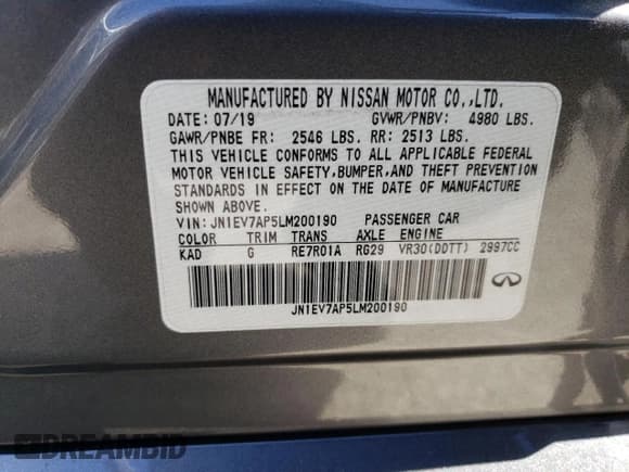 ✅ 2020 Infiniti Q50 Pure • VIN: JN1EV7AP5LM200190 • Lot: 48385695. Wystawiony na Copart z przebiegiem 47 861 mil. Bezpłatny archiwum sprzedaży aukcyjnych z USA i szczegółowy raport historii pojazdu na DreamBid. Zdjęcie 14.