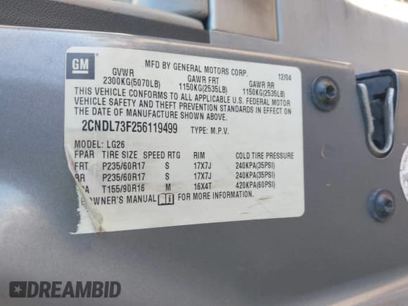 ✅ 2005 Chevrolet Equinox LT • VIN: 2CNDL73F256119499 • Лот: 41451287. Опубликован ранее на IAAI с пробегом 105 234 миль. Бесплатный доступ к архиву аукционных продаж из США и подробный отчёт об истории автомобиля на DreamBid. Изображение 9.