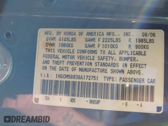 ✅ 2006 Honda Accord EX-L • VIN: 1HGCM56836A172751 • Lot: 43140293. Listed on IAAI with 97,227 mi. Free auction sales archive from the USA and detailed vehicle history report at DreamBid. Image 9.
