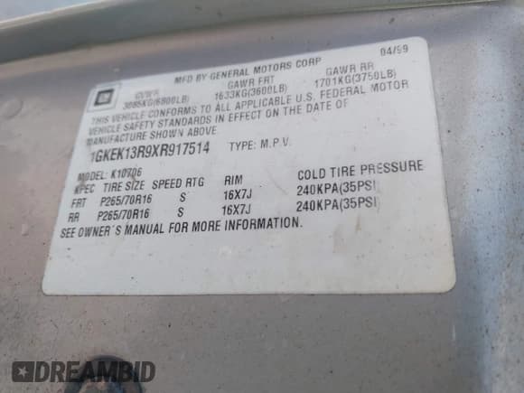 ✅ 1999 GMC Denali • VIN: 1GKEK13R9XR917514 • Lot: 42088370. Listed on IAAI with 194,624 mi. Free auction sales archive from the USA and detailed vehicle history report at DreamBid. Image 9.