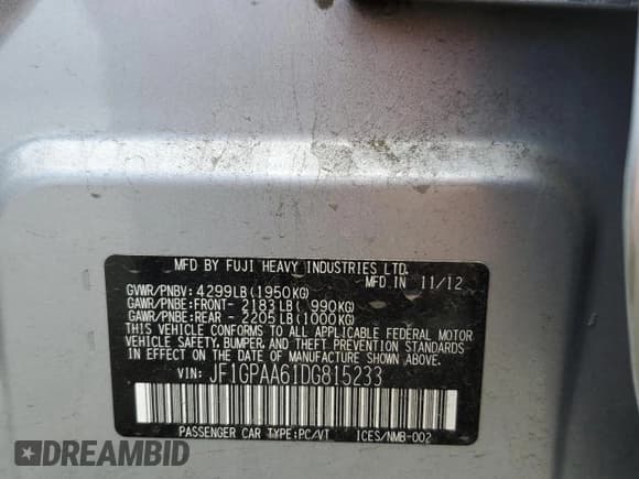 ✅ 2013 Subaru Impreza 2.0i • VIN: JF1GPAA61DG815233 • Лот: 69054405. Опубликован ранее на Copart с пробегом 157 680 миль. Бесплатный доступ к архиву аукционных продаж из США и подробный отчёт об истории автомобиля на DreamBid. Изображение 12.