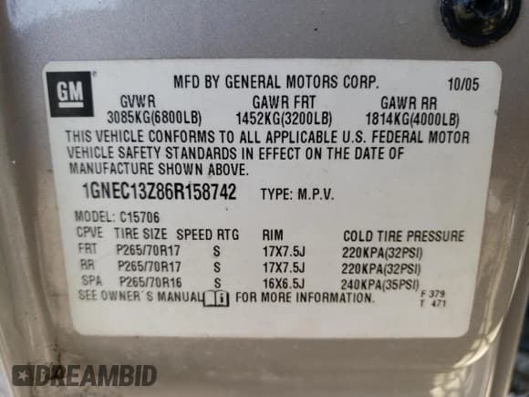 ✅ 2006 Chevrolet Tahoe LT • VIN: 1GNEC13Z86R158742 • Lot: 51148785. Listed on Copart with 168,008 mi. Free auction sales archive from the USA and detailed vehicle history report at DreamBid. Image 14.