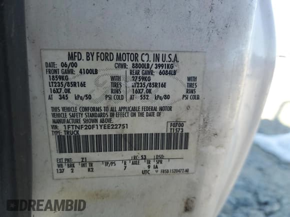 ✅ 2000 Ford F-250 XL • VIN: 1FTNF20F1YEE22751 • Lot: 75277264. Listed on Copart with 353,884 mi. Free auction sales archive from the USA and detailed vehicle history report at DreamBid. Image 13.