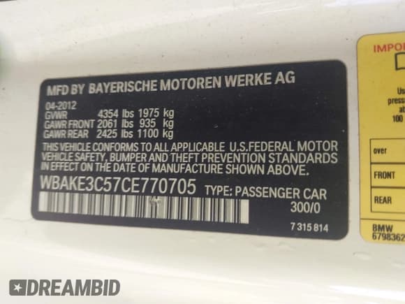 ✅ 2012 BMW 3 Series 328i • VIN: WBAKE3C57CE770705 • Lot: 43614899. Wystawiony na IAAI z przebiegiem 165 320 mil. Bezpłatny archiwum sprzedaży aukcyjnych z USA i szczegółowy raport historii pojazdu na DreamBid. Zdjęcie 9.