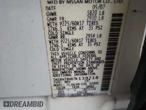 ✅ 2007 Nissan Quest SE • VIN: 5N1BV28UX7N139218 • Lot: 84053225. Wystawiony na Copart z przebiegiem 184 980 mil. Bezpłatny archiwum sprzedaży aukcyjnych z USA i szczegółowy raport historii pojazdu na DreamBid. Zdjęcie 13.