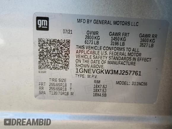 ✅ 2021 Chevrolet Traverse LT Cloth • VIN: 1GNEVGKW3MJ257761 • Lot: 81680645. Listed on Copart with 18,788 mi. Free auction sales archive from the USA and detailed vehicle history report at DreamBid. Image 13.