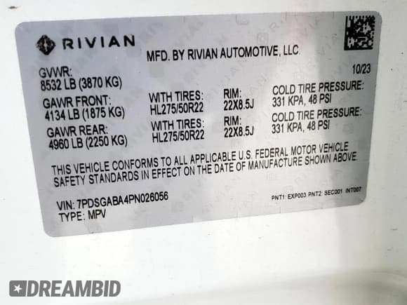 ✅ 2023 Rivian R1S Adventure • VIN: 7PDSGABA4PN026056 • Lot: 56892495. Wystawiony na Copart z przebiegiem Nie podano. Bezpłatny archiwum sprzedaży aukcyjnych z USA i szczegółowy raport historii pojazdu na DreamBid. Zdjęcie 13.