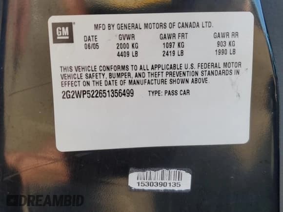 ✅ 2005 Pontiac Grand Prix • VIN: 2G2WP522651356499 • Lot: 90980215. Listed on Copart with 284,641 mi. Free auction sales archive from the USA and detailed vehicle history report at DreamBid. Image 12.