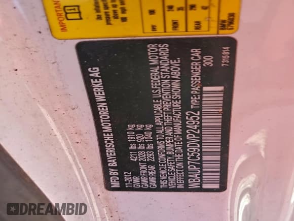 ✅ 2013 BMW 1 Series 128i • VIN: WBAUP7C59DVP24952 • Lot: 96901785. Listed on Copart with Not provided. Free auction sales archive from the USA and detailed vehicle history report at DreamBid. Image 12.