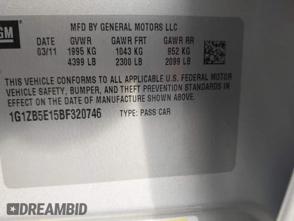 ✅ 2011 Chevrolet Malibu 1LS • VIN: 1G1ZB5E15BF320746 • Lot: 43551787. Listed on IAAI with 134,050 mi. Free auction sales archive from the USA and detailed vehicle history report at DreamBid. Image 9.