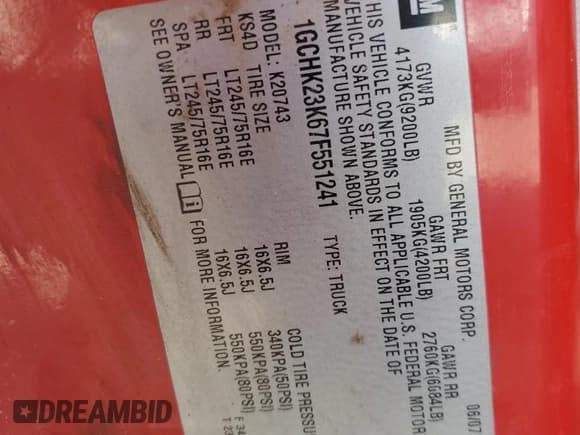 ✅ 2007 Chevrolet Silverado 2500HD 1LT • VIN: 1GCHK23K67F551241 • Лот: 61973995. Опубликован ранее на Copart с пробегом 227 173 миль. Бесплатный доступ к архиву аукционных продаж из США и подробный отчёт об истории автомобиля на DreamBid. Изображение 12.