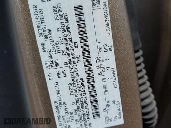 ✅ 2020 Ford Escape Titanium • VIN: 1FMCU9J90LUA49890 • Lot: 57228065. Wystawiony na Copart z przebiegiem 24 283 mil. Bezpłatny archiwum sprzedaży aukcyjnych z USA i szczegółowy raport historii pojazdu na DreamBid. Zdjęcie 12.