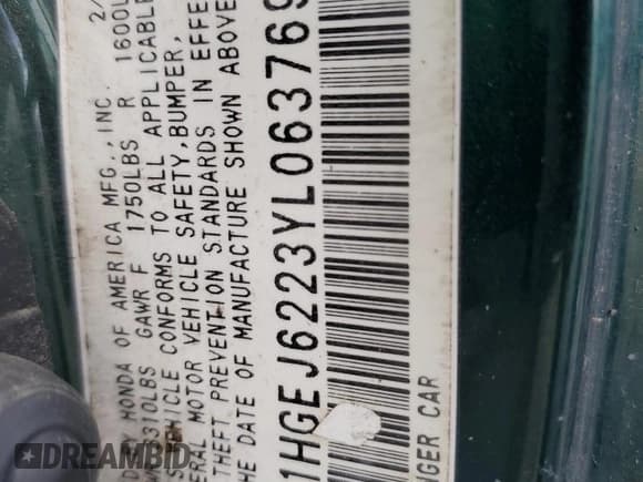 ✅ 2000 Honda Civic DX • VIN: 1HGEJ6223YL063769 • Lot: 51506615. Wystawiony na Copart z przebiegiem 123 593 mil. Bezpłatny archiwum sprzedaży aukcyjnych z USA i szczegółowy raport historii pojazdu na DreamBid. Zdjęcie 12.