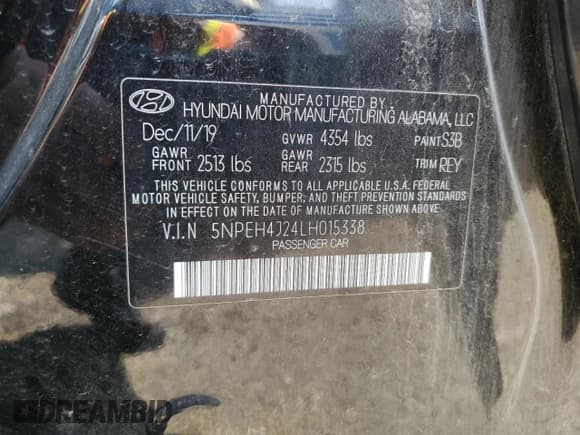✅ 2020 Hyundai Sonata Limited • VIN: 5NPEH4J24LH015338 • Lot: 68069945. Listed on Copart with 99,757 mi. Free auction sales archive from the USA and detailed vehicle history report at DreamBid. Image 13.