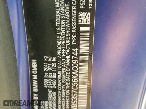 ✅ 2019 BMW M4 CS • VIN: WBS3S7C56KAC09744 • Lot: 71670415. Listed on Copart with 67,394 mi. Free auction sales archive from the USA and detailed vehicle history report at DreamBid. Image 12.