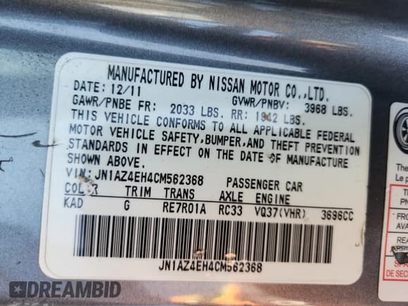 ✅ 2012 Nissan 370Z • VIN: JN1AZ4EH4CM562368 • Lot: 87124175. Listed on Copart with 129,405 mi. Free auction sales archive from the USA and detailed vehicle history report at DreamBid. Image 12.