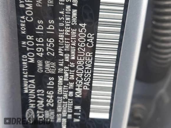 2014 Hyundai Genesis 3.8L with VIN KMHGC4DD8EU260054, listed as a Copart auction lot 82782545 with 65,400 mi miles and Salvage title. Bid and sale history available at DreamBid. Image 12.