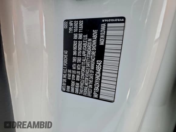 ✅ 2022 Porsche Cayenne • VIN: WP1BA2AY6NDA48543 • Lot: 93976205. Listed on Copart with 41,355 mi. Free auction sales archive from the USA and detailed vehicle history report at DreamBid. Image 14.