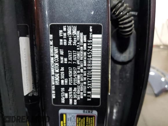 ✅ 2017 Hyundai Santa Fe 2.4L • VIN: 5XYZTDLB8HG452416 • Лот: 55933064. Опубликован ранее на Copart с пробегом 84 038 миль. Бесплатный доступ к архиву аукционных продаж из США и подробный отчёт об истории автомобиля на DreamBid. Изображение 13.