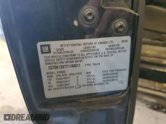 2007 GMC Sierra 1500 SL with VIN 2GTEK13V771164311, listed as a Copart auction lot 58835305 with 179,930 mi miles and Salvage title. Bid and sale history available at DreamBid. Image 12.