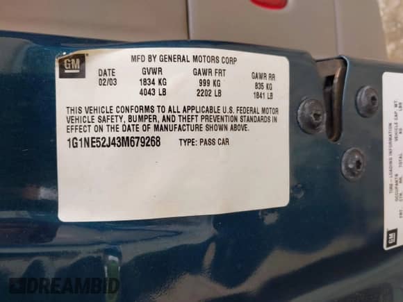 2003 Chevrolet Malibu LS z VIN 1G1NE52J43M679268, wystawiony jako IAAI lot #40734140 z przebiegiem 64 325 mil mil oraz . Historia ofert i sprzedaży dostępna na DreamBid. Obrazek 9.