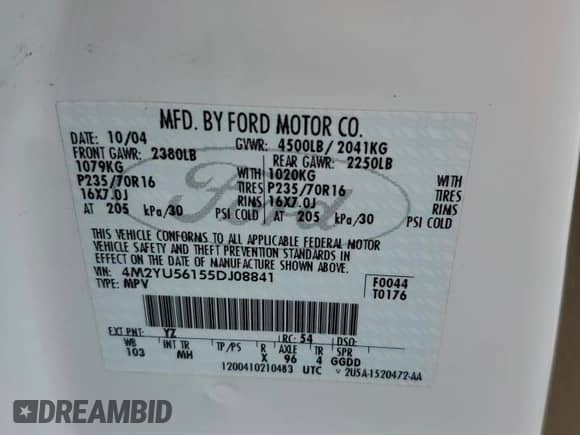 2005 Mercury Mariner Luxury с VIN 4M2YU56155DJ08841, выставлен на аукционе Copart как лот 59441505 с пробегом 186 217 миль миль и Чистый • Clean title. История ставок и продаж доступна на DreamBid. Изображение 13.