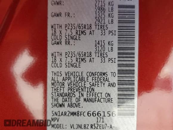 ✅ 2015 Nissan Pathfinder Platinum • VIN: 5N1AR2MM8FC666156 • Lot: 82666815. Listed on Copart with 140,956 mi. Free auction sales archive from the USA and detailed vehicle history report at DreamBid. Image 12.