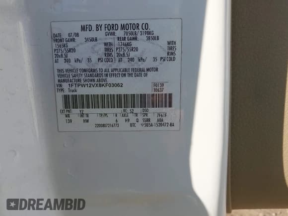 ✅ 2008 Ford F-150 XLT • VIN: 1FTPW12VX8KF03062 • Лот: 43491035. Опубликован ранее на IAAI с пробегом 204 623 миль. Бесплатный доступ к архиву аукционных продаж из США и подробный отчёт об истории автомобиля на DreamBid. Изображение 9.