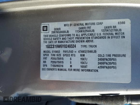 ✅ 2000 Chevrolet S-10 LS • VIN: 1GCCS19W6Y8249324 • Лот: 84201704. Опубликован ранее на Copart с пробегом Не указан. Бесплатный доступ к архиву аукционных продаж из США и подробный отчёт об истории автомобиля на DreamBid. Изображение 14.