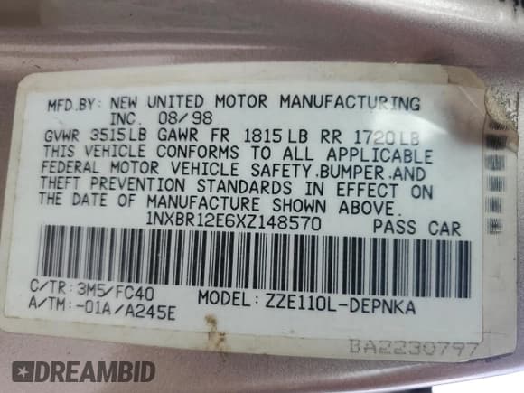 ✅ 1999 Toyota Corolla LE • VIN: 1NXBR12E6XZ148570 • Лот: 81554415. Опубликован ранее на Copart с пробегом 264 960 миль. Бесплатный доступ к архиву аукционных продаж из США и подробный отчёт об истории автомобиля на DreamBid. Изображение 13.