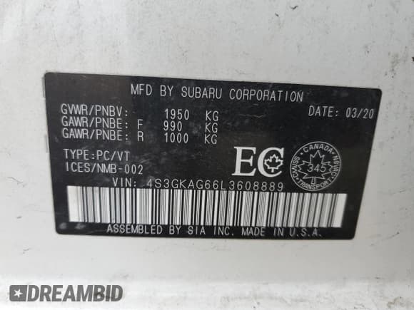 ✅ 2020 Subaru Impreza • VIN: 4S3GKAG66L3608889 • Lot: 87911195. Listed on Copart with 65,503 mi. Free auction sales archive from the USA and detailed vehicle history report at DreamBid. Image 12.