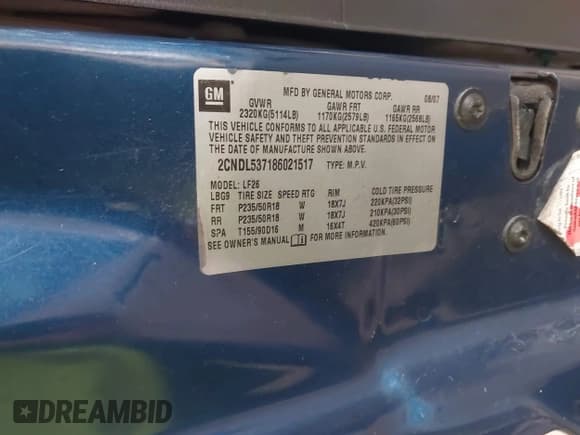 ✅ 2008 Chevrolet Equinox Sport • VIN: 2CNDL537186021517 • Лот: 41774543. Опубликован ранее на IAAI с пробегом 120 665 миль. Бесплатный доступ к архиву аукционных продаж из США и подробный отчёт об истории автомобиля на DreamBid. Изображение 9.