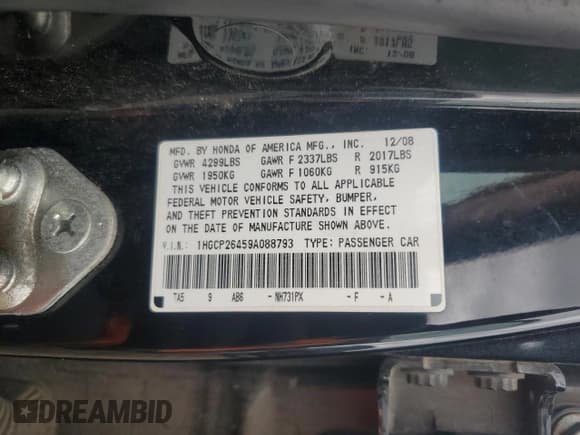 ✅ 2009 Honda Accord LX-P • VIN: 1HGCP26459A088793 • Lot: 85276405. Listed on Copart with 228,113 mi. Free auction sales archive from the USA and detailed vehicle history report at DreamBid. Image 12.