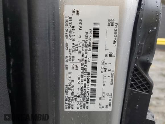 ✅ 2016 Ford Transit XL • VIN: 1FBZX2ZG8GKB05385 • Лот: 44406105. Опубликован ранее на Copart с пробегом Не указан. Бесплатный доступ к архиву аукционных продаж из США и подробный отчёт об истории автомобиля на DreamBid. Изображение 13.