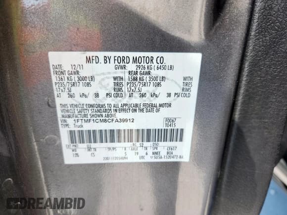 ✅ 2012 Ford F-150 XL • VIN: 1FTMF1CM8CFA39912 • Lot: 69252085. Listed on Copart with Not provided. Free auction sales archive from the USA and detailed vehicle history report at DreamBid. Image 13.