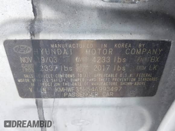 2004 Hyundai Sonata GLS z VIN KMHWF35H54A993497, wystawiony jako IAAI lot #41514677 z przebiegiem 45 330 mil mil oraz . Historia ofert i sprzedaży dostępna na DreamBid. Obrazek 9.