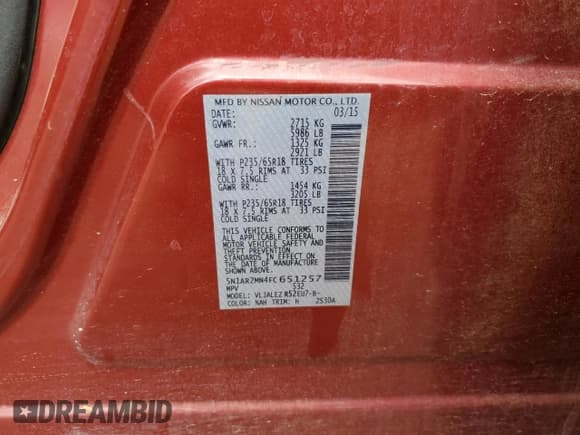 ✅ 2015 Nissan Pathfinder S • VIN: 5N1AR2MN4FC651257 • Lot: 56143825. Listed on Copart with 164,738 mi. Free auction sales archive from the USA and detailed vehicle history report at DreamBid. Image 14.