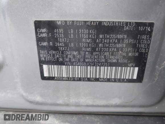 ✅ 2015 Subaru Outback Limited • VIN: 4S4BSBJC5F3247251 • Lot: 43642737. Listed on IAAI with 140,788 mi. Free auction sales archive from the USA and detailed vehicle history report at DreamBid. Image 9.