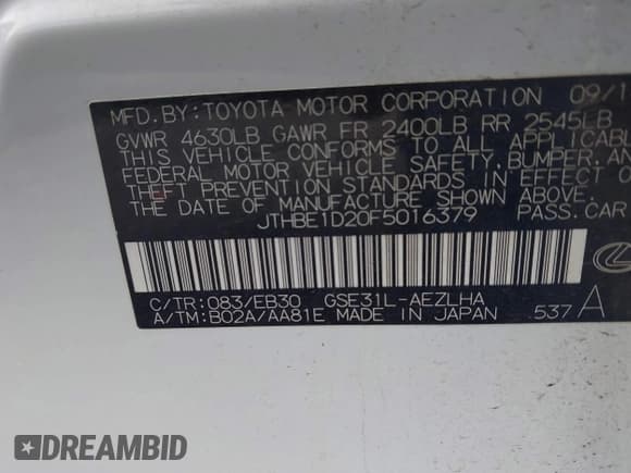 ✅ 2015 Lexus IS 350 • VIN: JTHBE1D20F5016379 • Lot: 43781823. Listed on IAAI with 167,891 mi. Free auction sales archive from the USA and detailed vehicle history report at DreamBid. Image 9.