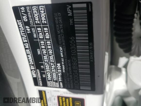 ✅ 2016 Mercedes-Benz GLC 300 • VIN: WDC0G4JB8GF103056 • Lot: 87239315. Listed on Copart with 144,087 mi. Free auction sales archive from the USA and detailed vehicle history report at DreamBid. Image 12.