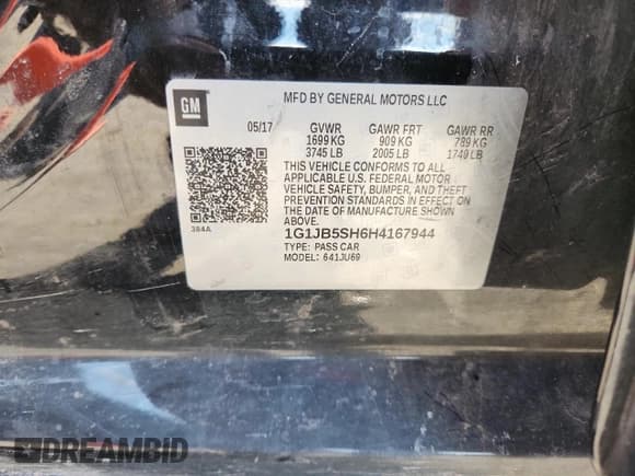 ✅ 2017 Chevrolet Sonic LS • VIN: 1G1JB5SH6H4167944 • Lot: 84769235. Listed on Copart with 89,438 mi. Free auction sales archive from the USA and detailed vehicle history report at DreamBid. Image 12.