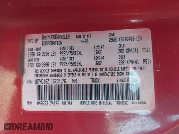 2001 Dodge 1500 with VIN 1B7HC16Z11S735176, listed as a IAAI auction lot 42701943 with 268,564 mi miles and . Bid and sale history available at DreamBid. Image 9.