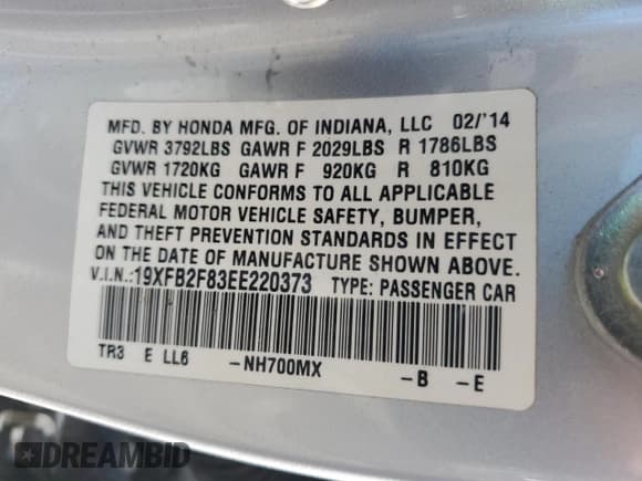 ✅ 2014 Honda Civic EX • VIN: 19XFB2F83EE220373 • Lot: 91885345. Listed on Copart with 97,586 mi. Free auction sales archive from the USA and detailed vehicle history report at DreamBid. Image 12.