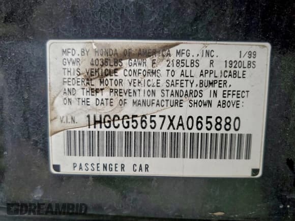 ✅ 1999 Honda Accord EX • VIN: 1HGCG5657XA065880 • Лот: 94066145. Опубликован ранее на Copart с пробегом 238 487 миль. Бесплатный доступ к архиву аукционных продаж из США и подробный отчёт об истории автомобиля на DreamBid. Изображение 12.
