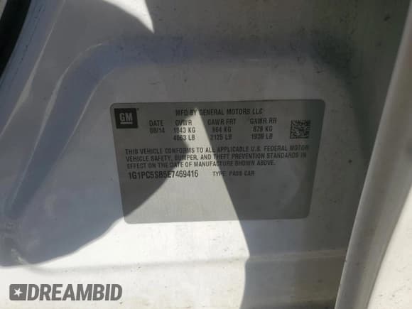 ✅ 2014 Chevrolet Cruze 1LT • VIN: 1G1PC5SB5E7469416 • Lot: 89702525. Listed on Copart with 216,472 mi. Free auction sales archive from the USA and detailed vehicle history report at DreamBid. Image 12.