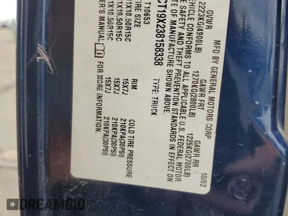 ✅ 2003 Chevrolet S-10 LS • VIN: 1GCCT19X238158338 • Lot: 86185115. Listed on Copart with 219,896 mi. Free auction sales archive from the USA and detailed vehicle history report at DreamBid. Image 12.